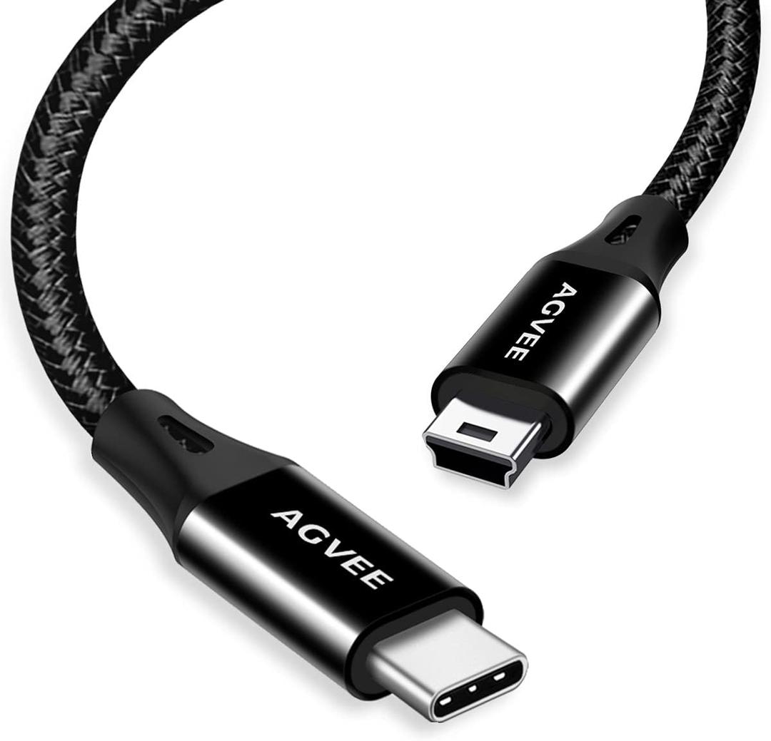 AGVEE 2 Pack 1ft USB-C to Mini USB Cable, Braided Durable Mini-B 5-Pin to Type-C Data Charging Charger OTG Cord for Hero 3+, PS3 Controller, Canon Nikon Camera, GPS, Blue Yeti, Black