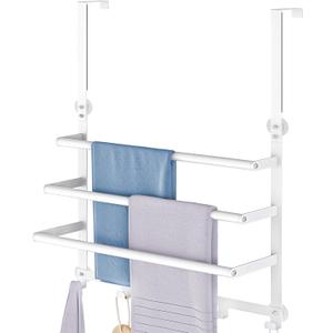 Over The Door Towel Rack, Over Door Towel Racks for Bathroom Door with 5 Hooks, 3 Tier Towel Storage Hanger Holder for Bathroom Accessories, 16 Inch Towel Bar for Hanging Towels, White