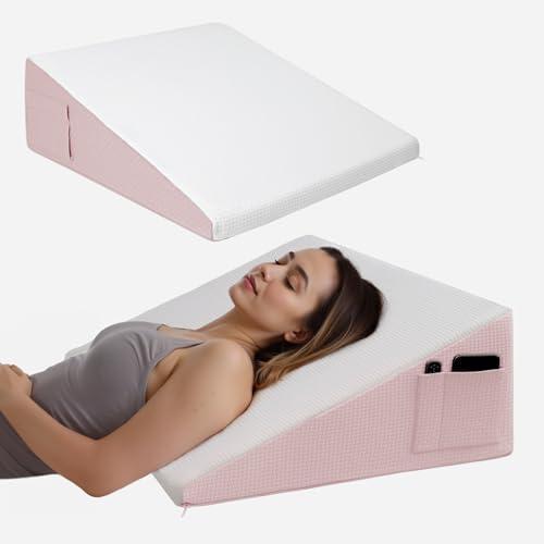 Wedge Pillow for Headboard, 10’’ Triangle Elevated Bed Wedge Pillow for Acid Reflux Relief, Sleeping, Post Surgery, Back Pain Relief, Snoring, Soft Memory Foam Top & Washable Breathable Cover, Pink, 24 x 24