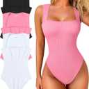 OQQ Women's 3 Piece Bodysuits Sexy Ribbed Strappy Square Neck Sleeveless Tummy Control Tank Tops Bodysuits (Large, Black,white,candypink)