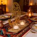 Gold Ramadan Decorations for Home, Star and Crescent Moon Silhouette Tealight Candle Holder with 2 Glass Votives, Wooden Tray Eid Mubarak Table Decor Centerpiece, Islamic Ramadan Kareem Gifts