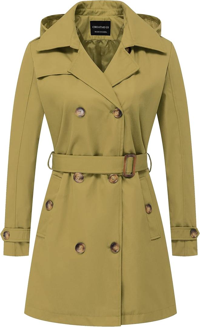 CREATMO US Trench Coat Women's Waterproof Double Breasted Windbreaker Classic Belted Lapel Overcoat with Removable Hood, Olive Yellow, XL