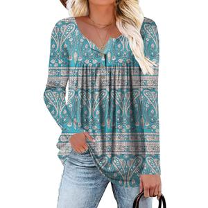 Womens-Tops-Long-Sleeve Henley Shirts V Neck Blouses Buttons Up Tunics Flowy Pleated Blouses (Medium, 02_floral)