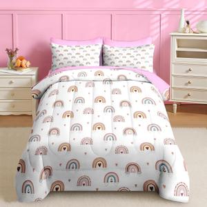 Nesker 7 Pcs Comforter Set Full Size, Trendy Rainbows Bedding for Kids Teen, Pink Boho with Fitted Sheet 2 Pillowcases & 2 Shams for Bedroom Bed Decor