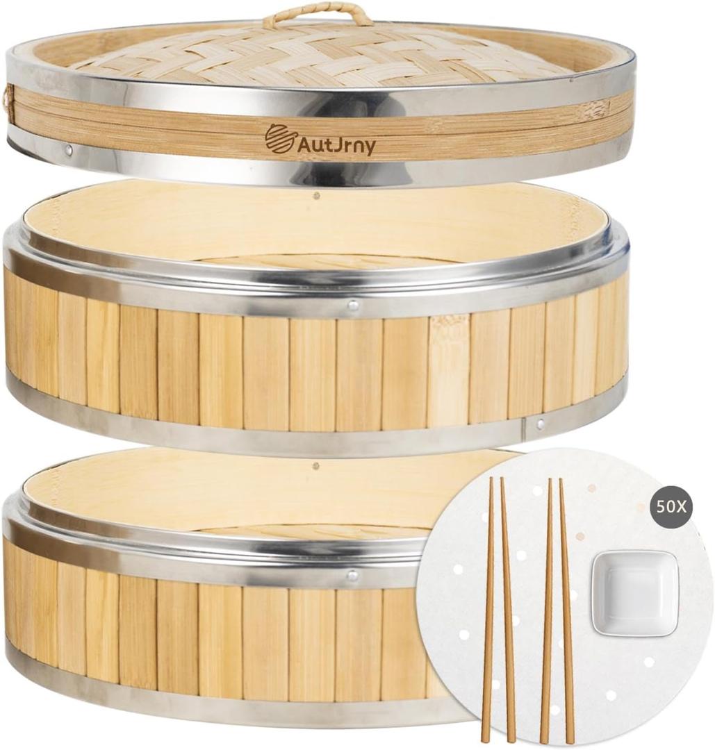 11.8-Inch Vertical Bamboo Steamer Basket, 2-Tier with Stainless Steel Rings | 50 Liners, Sauce Dish & 2-Chopsticks | Cooking Pot for Buns Dumplings Rice Vegetables Dim Sum
