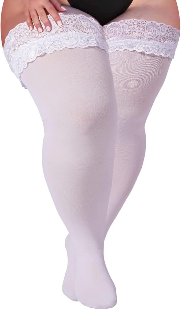 Neoviancia Plus Size Thigh High Stockings Women Sheer Lace Top Stay Up Pantyhose 55D Lingerie Thigh Highs (White, S)