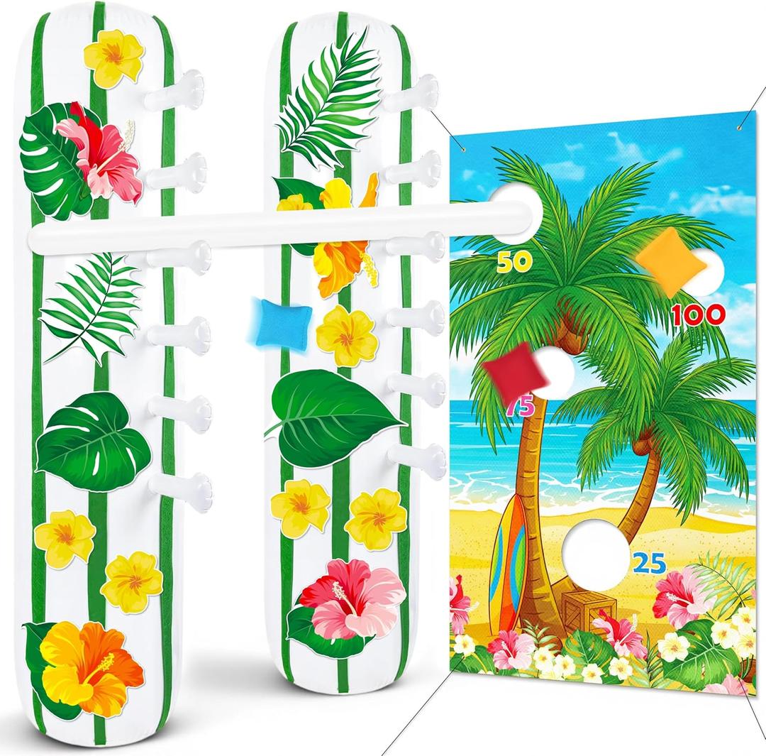 2 Sets Hawaiian Luau Party Decorations – Inflatable Limbo Games, Bean Bag Toss Banner Set for Birthday, Beach Pool Supplies, Summer Fun Activities, Outdoor Festival