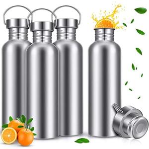 CHENGU 4 Pack Single Wall Stainless Steel Water Bottles Camping Bottles 304 18/8 Metal Water Bottle for Sports, Cyclists, Runners, Hikers(Silver,34 oz)