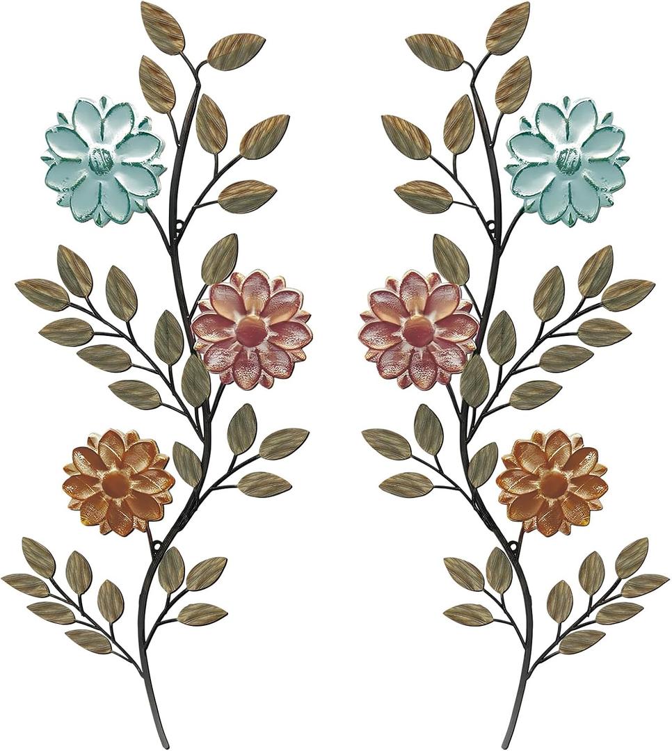 MorningRo 2 Pcs Metal Flower Leaves Wall Art 15.75 Inch Spring Wall Decor Metal Leaf Wall Art Vintage Leaf Wall Hanging Rustic Wall Decor for Holiday Indoor Outdoor (Colorful)