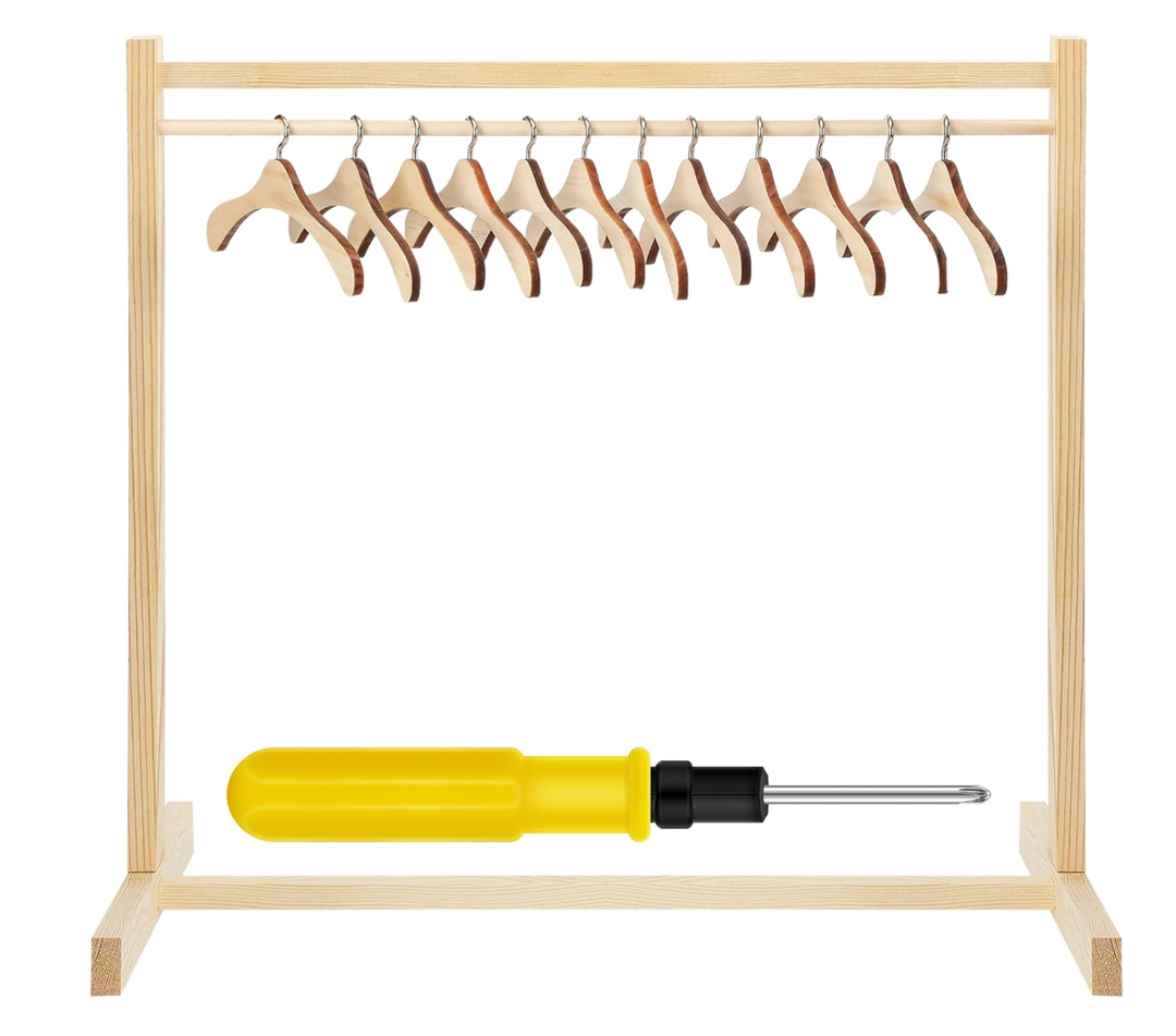 Estune Dog Garment Rack with 12 Wood Pet Clothes Hanger Wooden Dog Dress up Storage Small Closet Pet Clothes Organizer Accessories for Doll Cat and Puppy(Medium)
