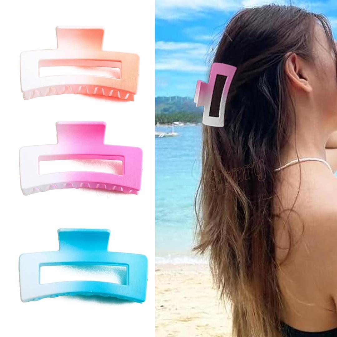 Medium Rectangle Matte Claw Clips for Women Thin Hair, Gradient Color, Set of 3 (Pink, Coral & Blue)