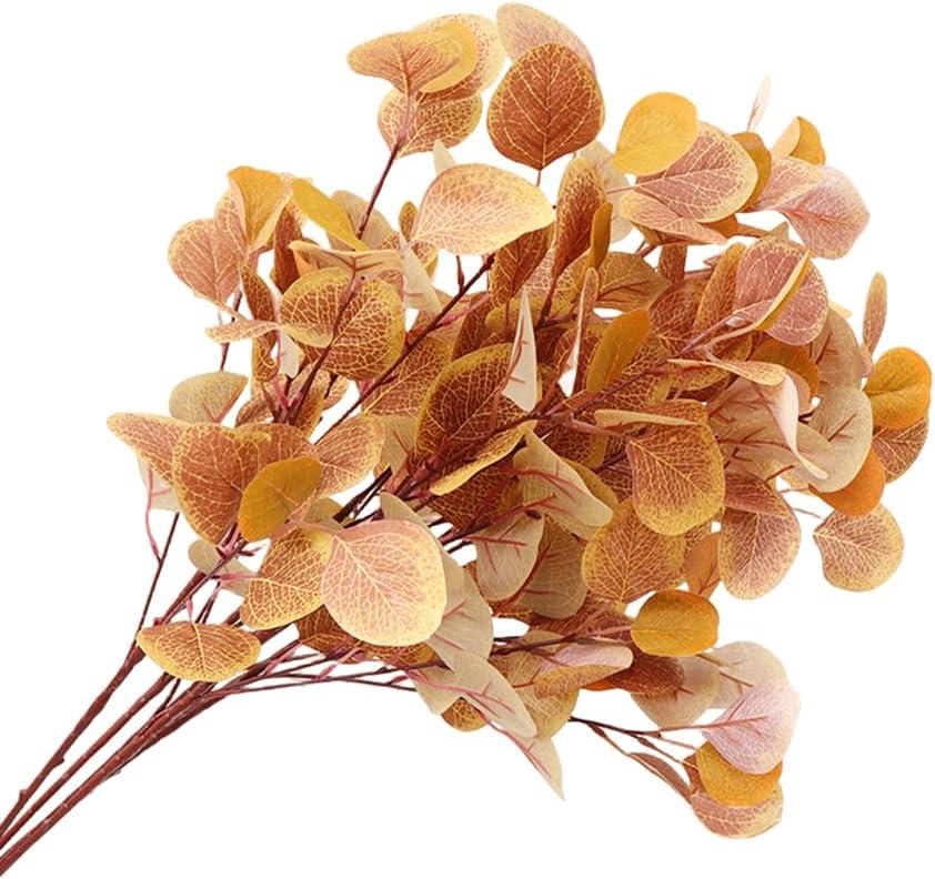 WouND 4 Pcs Artificial Fall Eucalyptus Leaves 33'' Faux Eucalyptus Stems Leaves Long Stem Silk Eucalyptus Leaves,for Autumn Home Wedding Festival Party Decor,Orange