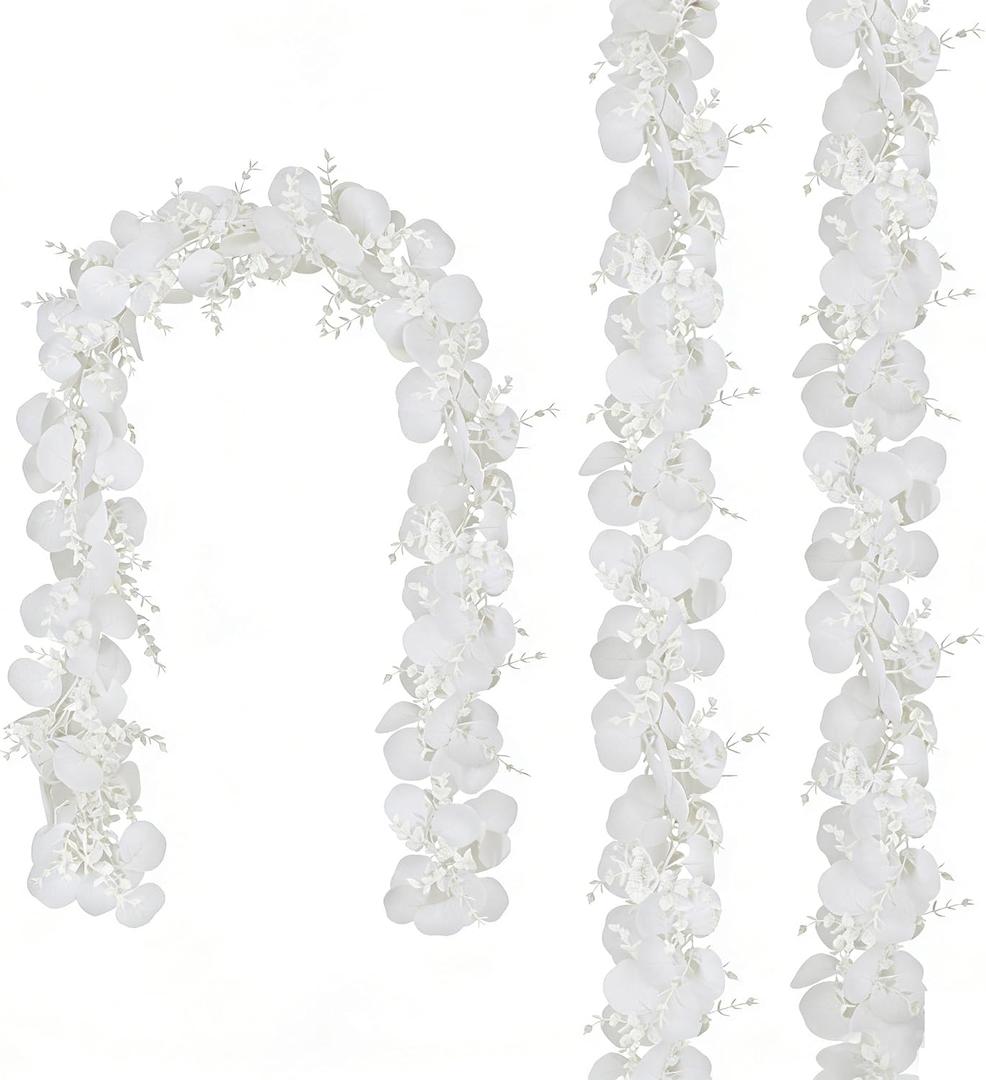 CQURE 3Pcs Eucalyptus Garland,Artificial Eucalyptus Leaves Table Greenery Garland Wreath Vines for Wedding Party Table Fireplace Bedroom Wall Room Decor