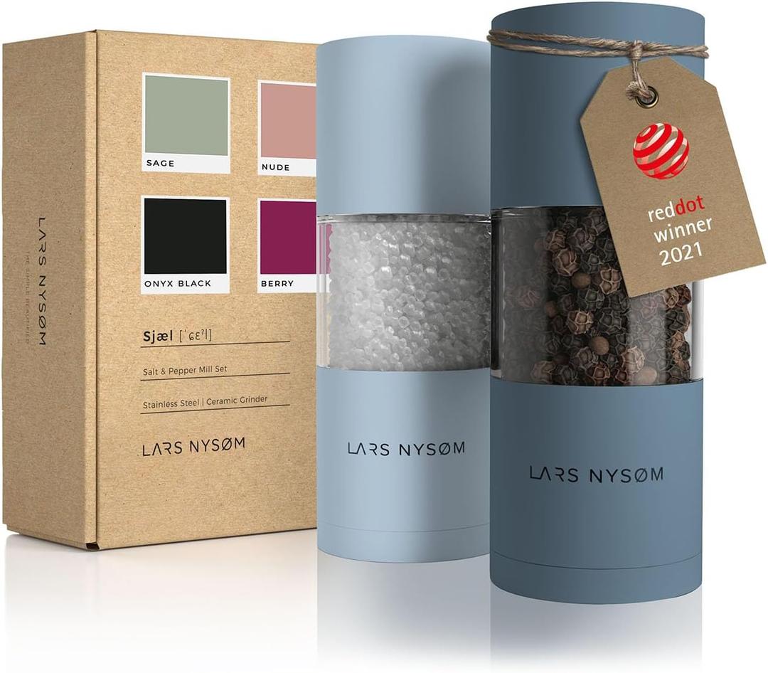LARS NYSM Salt and Pepper Grinder Set I Salt and Pepper Mills with Adjustable Ceramic Grinder 2 pieces I Manual Design Spice Mill Set (Blue) (Stone Blue/Sky Blue)