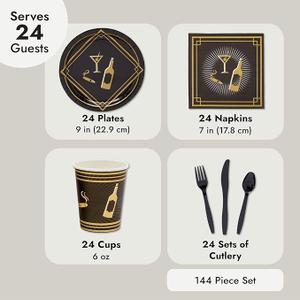 BLUE PANDA 144 Piece 1920s Party Decorations - Murder Mystery Party Theme Paper Plates, Cups, Napkins and Cutlery (Serves 24)