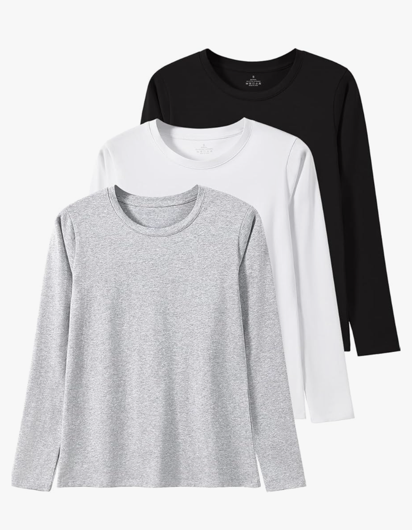 Xelky Womens Cotton Long Sleeve Shirts Workout Round Neck Casual Tops T-Shirt Plain Basic Soild Tee 3 Pack, Large