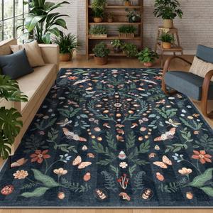 Lahome Insect Botanical Washable Black 8x10 Area Rugs for Living Room, Non Slip Rugs for Bedroom, Boho Indoor Throw Dining Room Rugs for Under Table Carpet for Home Office Playroom(Black,8x10)