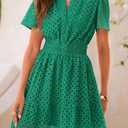 PRETTYGARDEN Womens 2026 Summer Short Dress V Neck Short Sleeve A Line Hollow Out Lace Ruffle Cute Casual Beach Party Dresses (Green, L)