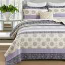 Homzard Floral Comforter Set Queen Size,Purple Lavender Beige Queen Size Quilt Set,All Cotton Quilted Comforter,Striped Floral Pattern Bedding Bedspread, 3 Piece All Season