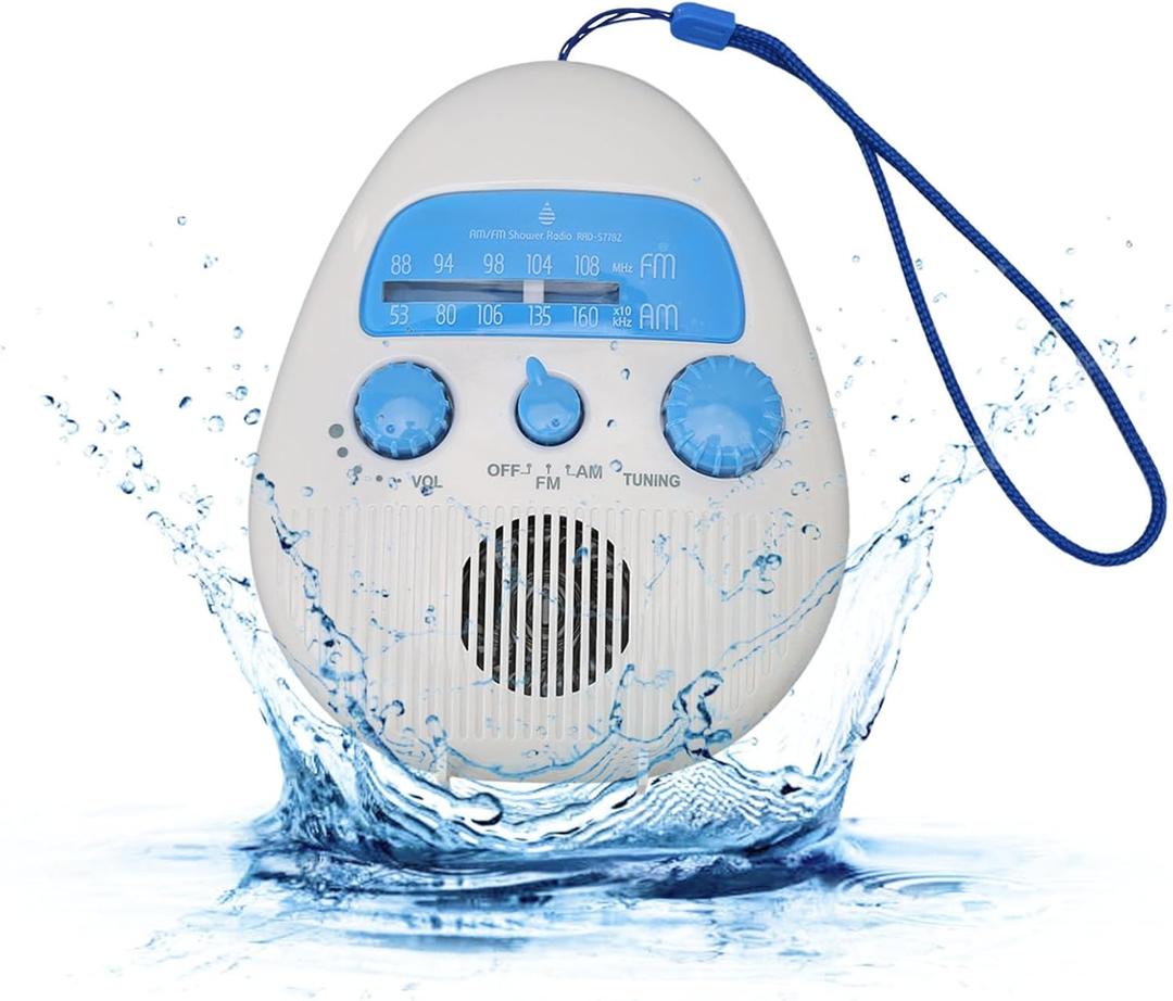 Shower Radio, Splash Proof AM FM Radio with Rotating Knob, Built in Speaker, Adjustable Volume, for Bathroom Outdoor Use