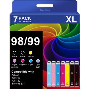 7-Pack 98 99 Ink Cartridge Remanufactured for Epson T098 T099 Ink Combo for Artisan 700 710 725 730 800 810 835 837 Printer (2 Black,1 Cyan,1 Magenta,1 Yellow,1 Light Cyan,1 Light Magenta)
