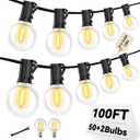 100FT G40 LED Outdoor String Lights with 50 Shatterproof Bulbs + 2 Spares, E12 Socket, 2700K Warm White, Weatherproof Black Cable, for Patio, Backyard, Wedding, Party, Porch, Deck, Gazebo, Camping