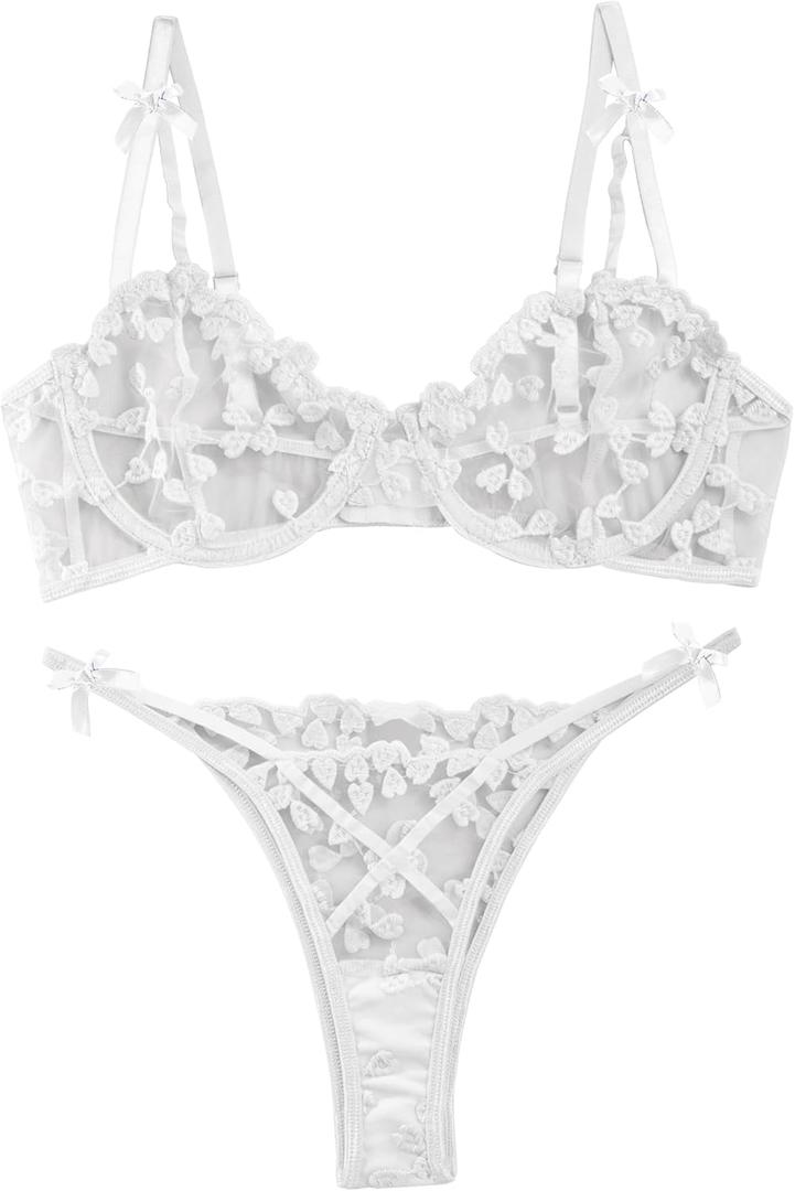 Lilosy Sexy Underwire Cute Push Up Strappy Embroidered Mesh Sheer Lingerie Set See Through Panty Bra (Medium, Bow White)