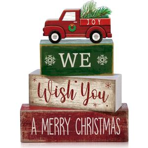 Lineshading 4 Pcs Rustic Christmas Decor Wooden Red Truck Winter Tiered Tray Decor Merry Christmas Table Centerpiece Wood Red Truck Block Sign Gift Farmhouse for Home Kitchen Tabletop Office Shelf
