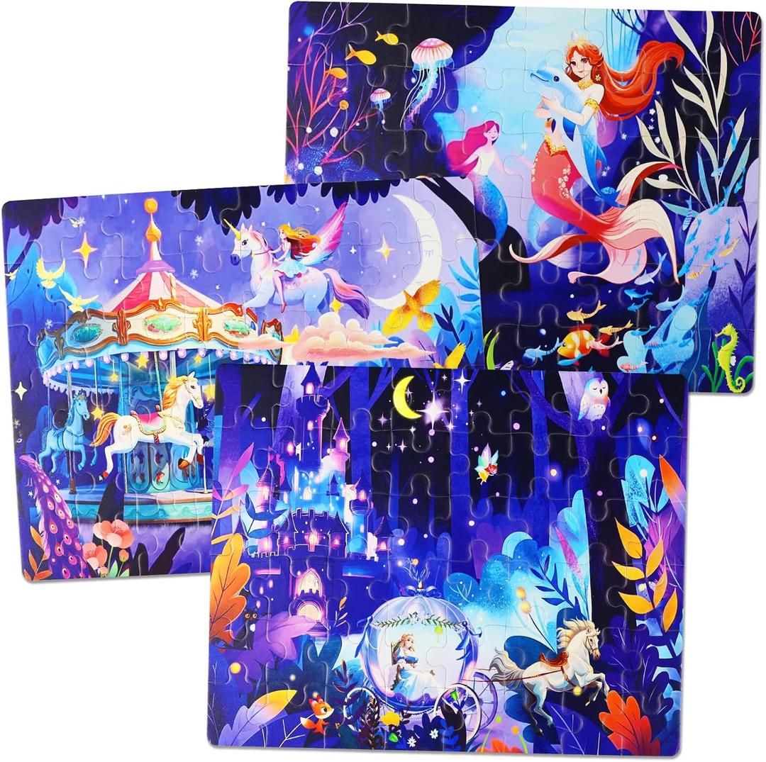 Puzzles for Girls 5-8 Princess Themes(Carousel/Unicorn/Mermaid, 3 * 48PCS) Puzzle Magnetic Puzzles for Girls 5-6 Travel Activities for Kids, Birthday Presents for Girl 5 6 7 8 Years Old