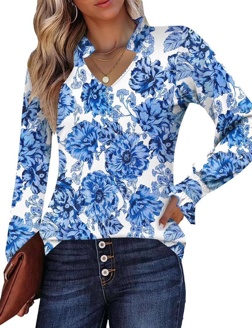 Kistore Long Sleeve Shirts for Women Pleated Cuffs Dressy Business Casual Blouses 2025 Trendy Puff V Neck Tunic Tops (Blue, S)