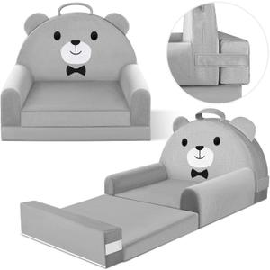 Kids Sofa Bed with Removable Washable Cover & Magic-Tape Backrest  Foldable Toddler Chair Kid Couch, Cozy Crystal Velvet Furniture for Playtime, Naps & Travel (Grey, Bear Design)