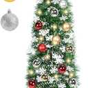 5 FT Pop Up Christmas Tree with Timer Lights and Decorations, Green Tinsel Artificial Christmas Tree with 24 Balls Ornaments, Collapsible Pencil Tree for Xmas Home Office Party Decor