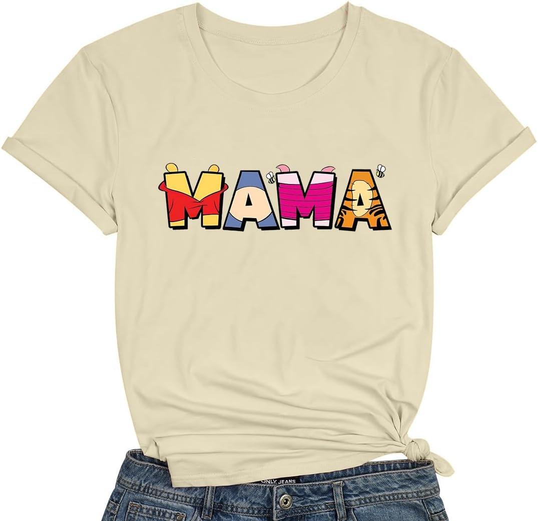 Funny Mama Shirt Women Checkered Mom Tshirts Motherhood Letter Print Tee Short Sleeve Top (Beige, M)