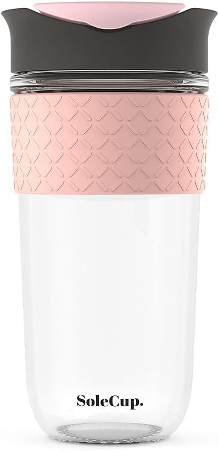 Large Travel Mug - Reusable Glass Coffee Mug - 18oz/530ml BPA-Free Hot Drink Travel Mug with Lid & Silicone Band (Gray and Pink, 18oz) (11.5 Ounces)