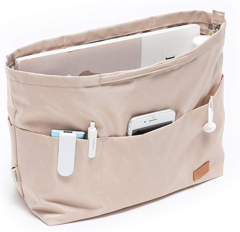 Purse Organizer Insert with zipper Nylon fabric for women Handbags & Totebag beige Size: Large: 15.7"(Top)/12.2"(Bottom) L  4.9" W  10" H