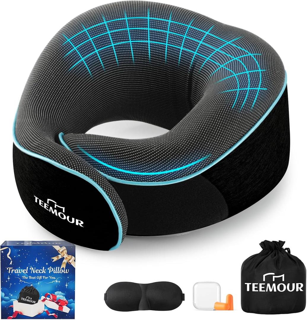 Travel Pillow Neck Pillow for Airplane Travel Essentials - Memory Foam Travel Neck Pillow, Stops Head Bobbing With Eye Mask & Earplugs, Portable Carry Bag for Long Flights| Airplane Accessories, Black (Medium Size)