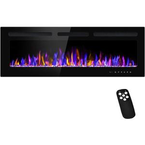 50" Electric Fireplace Wall Mounted and Recessed with Remote Control, 750/1500W Ultra-Thin Wall Fireplace Heater W/Timer Adjustable Flame Color and Brightness, Log Set & Crystal Options