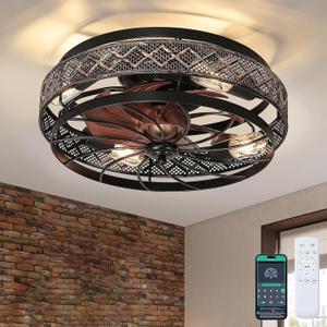 SHIHOT Low Profile Caged Ceiling Fans with Lights and Remote, Flush Mount Ceiling Fan with Light, Bedroom Fan, Small Industrial Black Ceiling Light Fixture, Reversible(Bulbs not Included)
