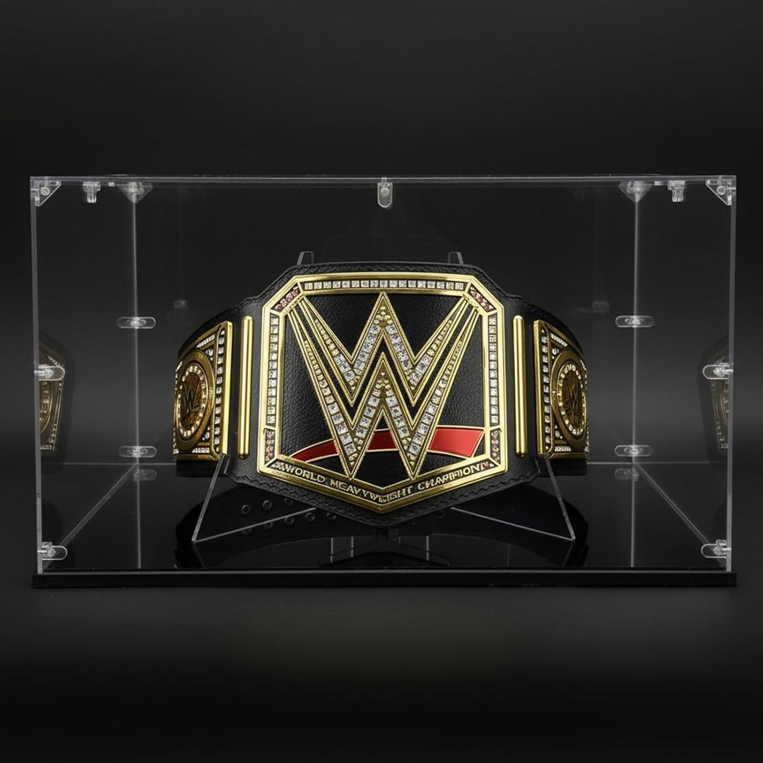 Acrylic Championship Belt Display Case – 3mm Clear Acrylic with Built-in Wrestling Belt Stand, Large 21.8" x 15.9" x 13.2" Showcase Box, Durable Corner-Connector Design – Fits Most Championship Belts