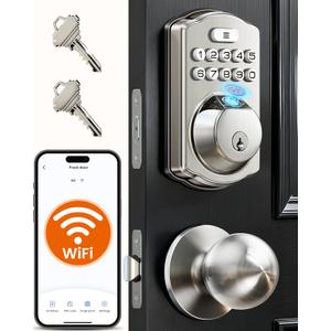 Veise VE012W-K Built-in WiFi Fingerprint Smart Lock with 2 Knobs, No Hub Needed, Remote APP Control, Keyless Entry Door Lock, Smart Deadbolt for Front Door, Auto Locking, Satin Nickel