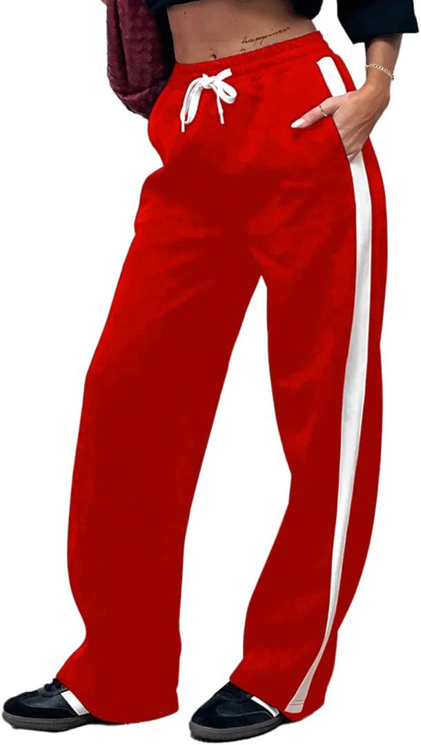 SOFIA'S CHOICE Women's Drawstring Sweatpants Side Stripe Pants Wide Leg Track Pants with Pockets Red-A XX-Large