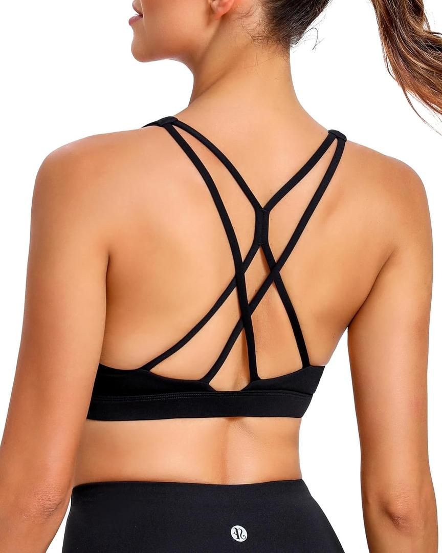 RUNNING GIRL Strappy Sports Bra for Women Sexy Crisscross Back Light Support Yoga Bra with Removable Cups (Medium, 3-black)