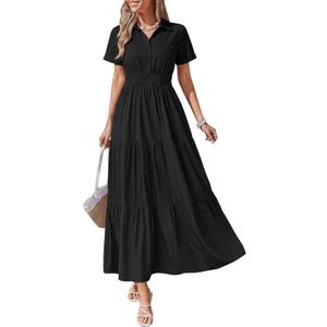 BTFBM Wedding Guest Dresses for Women Beach Fashion Casual Short Sleeve V Neck Solid Spring Summer Boho Maxi Dress (Black, S)
