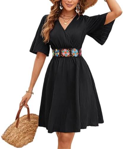 TDiooCor 2026 Casual Short Summer Bohemian Dresses for Women Casual Flowy Puff Sleeve Knee Length Midi Sun Dress XXL