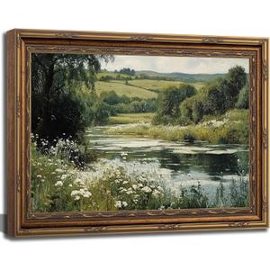 Vintage Gold Framed River Wall Art Green Nature Landscape Canvas Prints Rustic Rural Wildflower Poster Farmhouses Lakes Scenery Picture for Living Room Bedroom Bathroom Office Wall Decor 24x16in