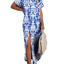 Herseas Womens Fashion Summer Beach Vacation Short Sleeve Button Down Dress Side Split Long Kimonos Cardigans Loose Bathing Suit Swimsuit Cover Ups for Swimwear Brown Large 12 14