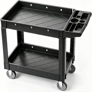VEVOR Utility Service Cart, 2 Shelf 550LBS Heavy Duty Plastic Rolling Utility Cart, Medium Lipped Shelf, 360° Swivel Wheels, Ergonomic Storage Handle for Warehouse Garage, Black