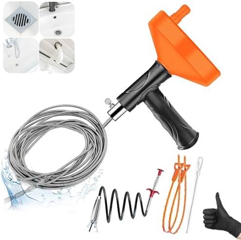 Drain Snake Auger 33 Feet, Plumbing Snake Drain Hair Clog Removal Tool, Heavy Duty Toilet Snake Auger, Sink Unclogger Drain Cleaner Tool for Bathroom Kitchen Tub Shower Drain Clog Remover with Gloves