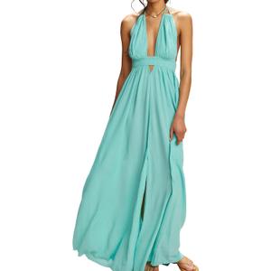 R.Vivimos Boho Maxi Dresses for Women 2026 Summer Sleeveless Halter Elastic Waist Sexy Backless Front Slit Flowy Long Dresses (Blue, XL)