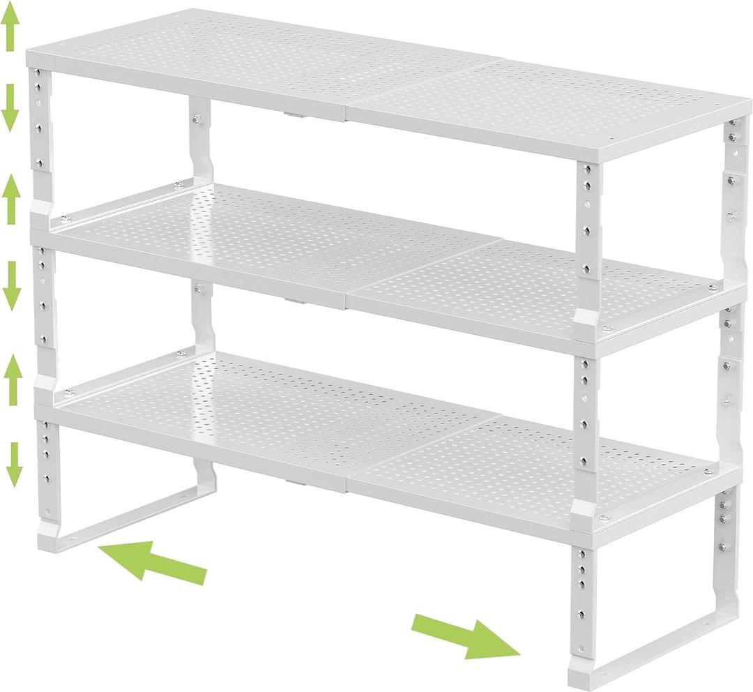 Expandable Adjustable Stackable Kitchen Organizer, Spice Rack,Metal Pantry Storage Shelves Racks,Counter Shelf for Cabinets, Countertop, Cupboard(3 Packs/Large/White) (10.24"D x 16.6"~26.5"W x 6.1"/7.5"H)